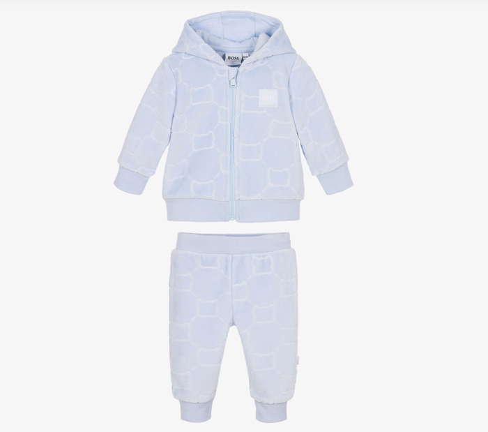 BOSS Baby Boys Blue Velour Tracksuit with Embossed Pattern