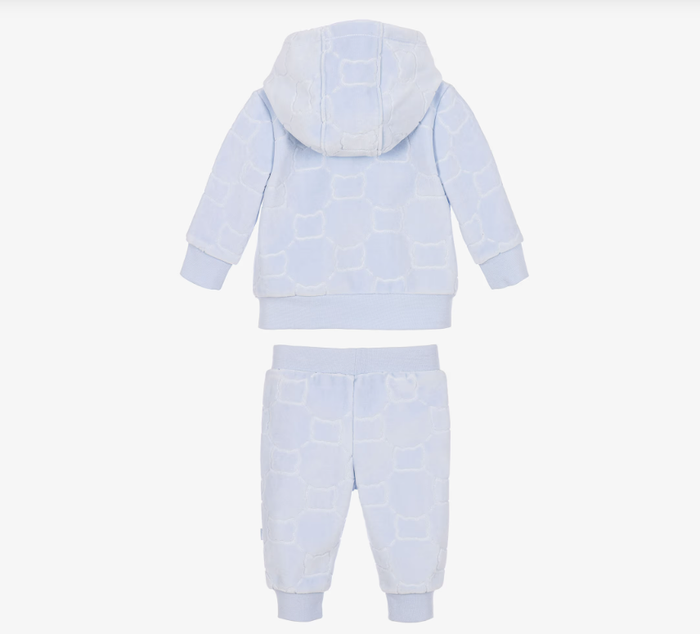 BOSS Baby Boys Blue Velour Tracksuit with Embossed Pattern