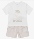BOSS Baby Boys White & Beige Cotton & Linen Shorts Set