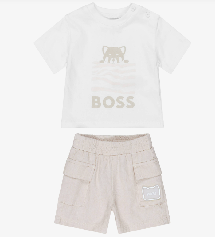 BOSS Baby Boys White & Beige Cotton & Linen Shorts Set