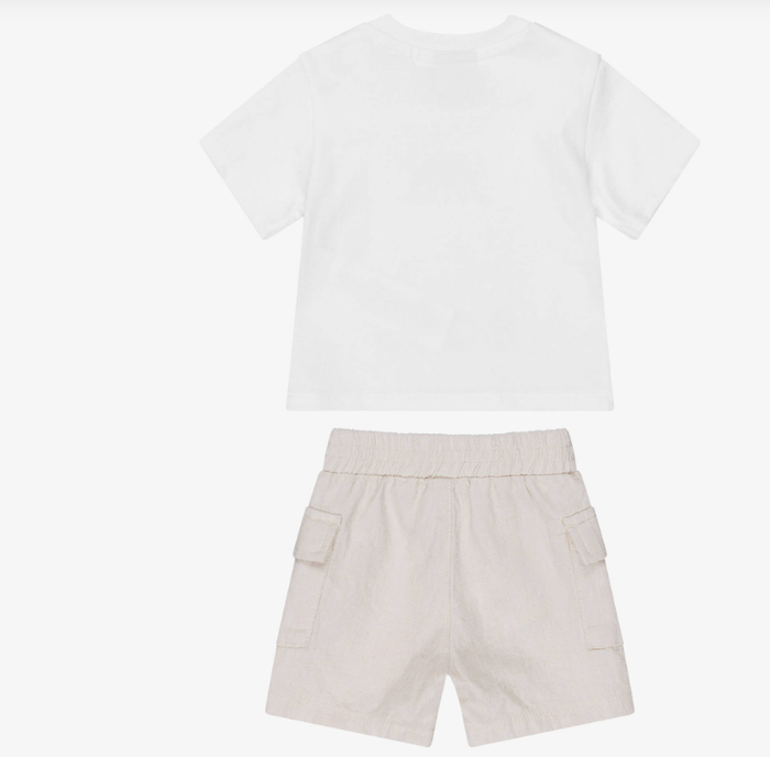 BOSS Baby Boys White & Beige Cotton & Linen Shorts Set