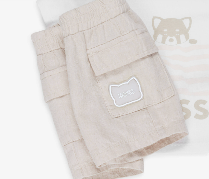 BOSS Baby Boys White & Beige Cotton & Linen Shorts Set