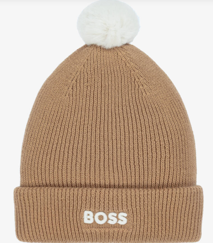 BOSS Boys Beige Knitted Cotton Pom-Pom Hat