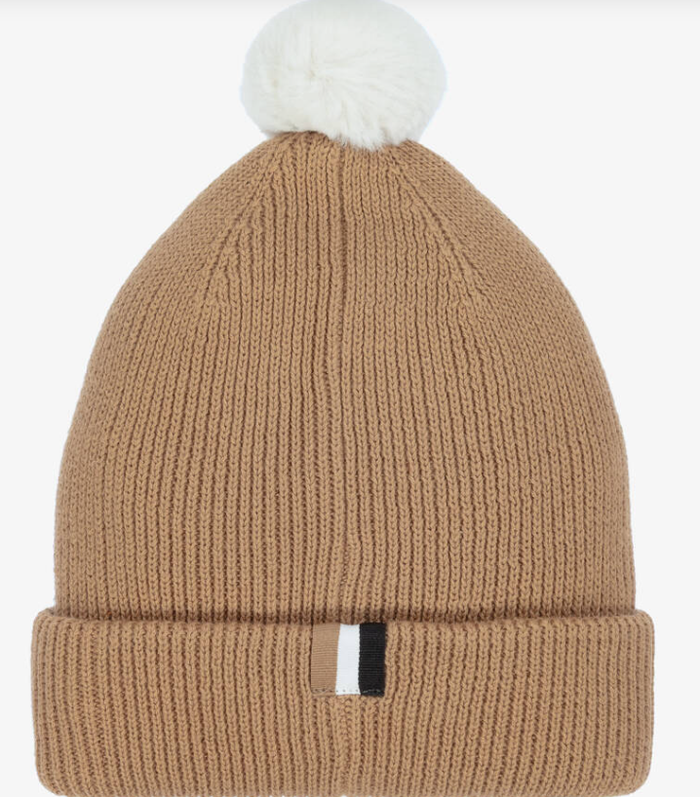 BOSS Boys Beige Knitted Cotton Pom-Pom Hat