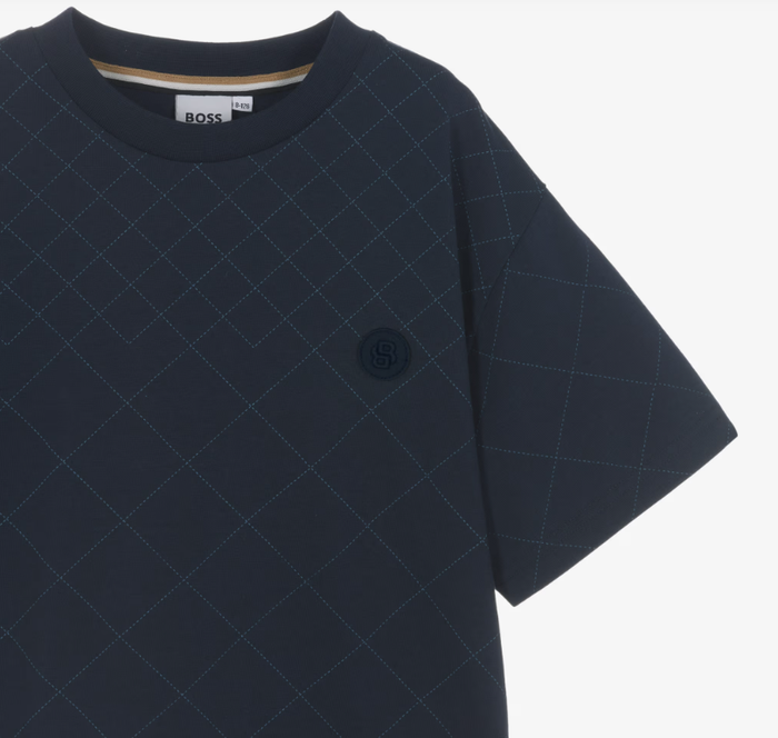 BOSS Boys Navy Blue Cotton T-Shirt with Diamond Pattern