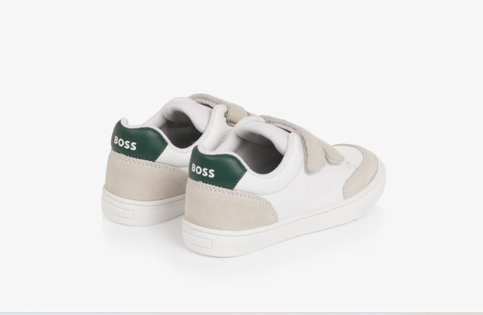 BOSS Boys White Leather Velcro Trainers with Suede Trim