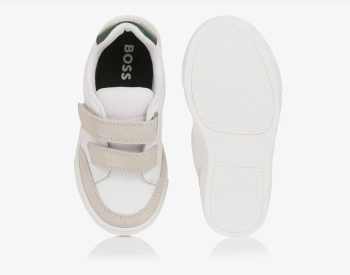 BOSS Boys White Leather Velcro Trainers with Suede Trim