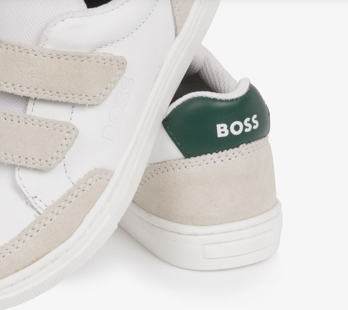 BOSS Boys White Leather Velcro Trainers with Suede Trim