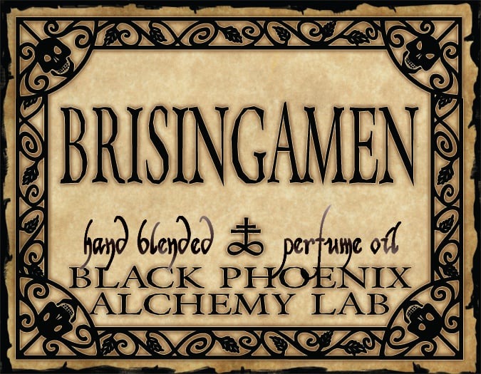 Label for 'Brisingamen' hand blended perfume oil by Black Phoenix Alchemy Lab with decorative border.