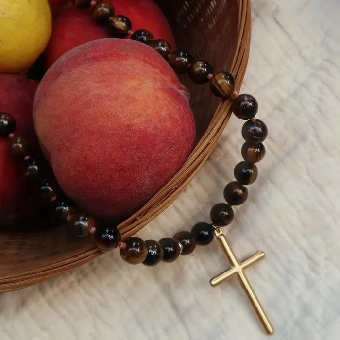 Brown Conley Beaded Cross Necklace : Hypoallergenic and Water Resistant