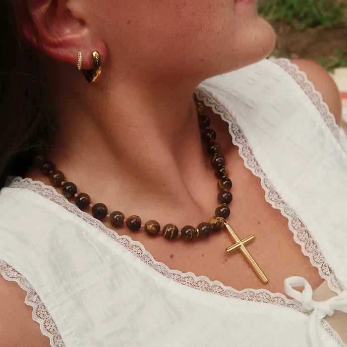Brown Conley Beaded Cross Necklace : Hypoallergenic and Water Resistant