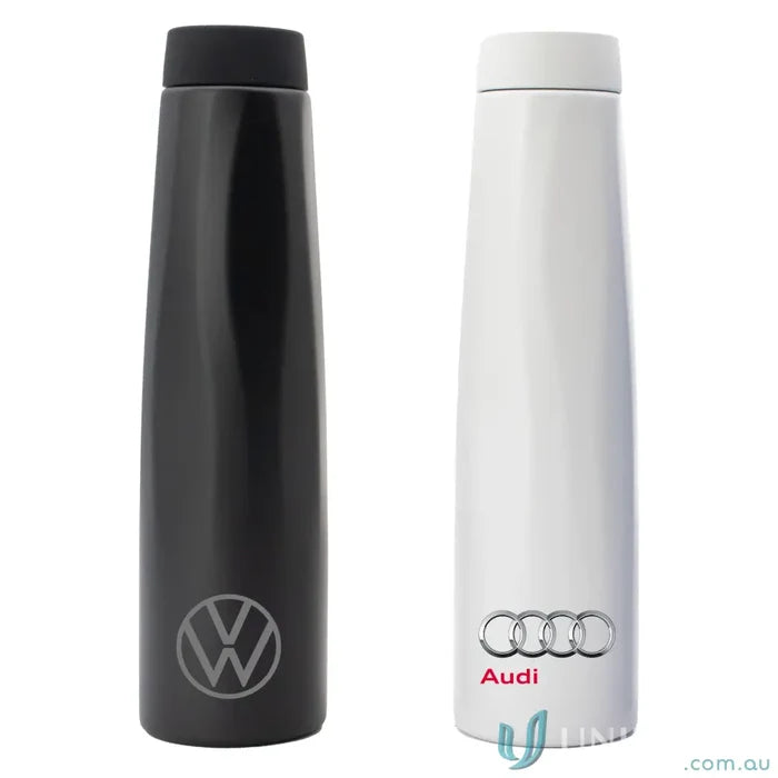Two Calypso 750ml stainless steel double-walled vacuum water bottles with ergonomic rotating handles