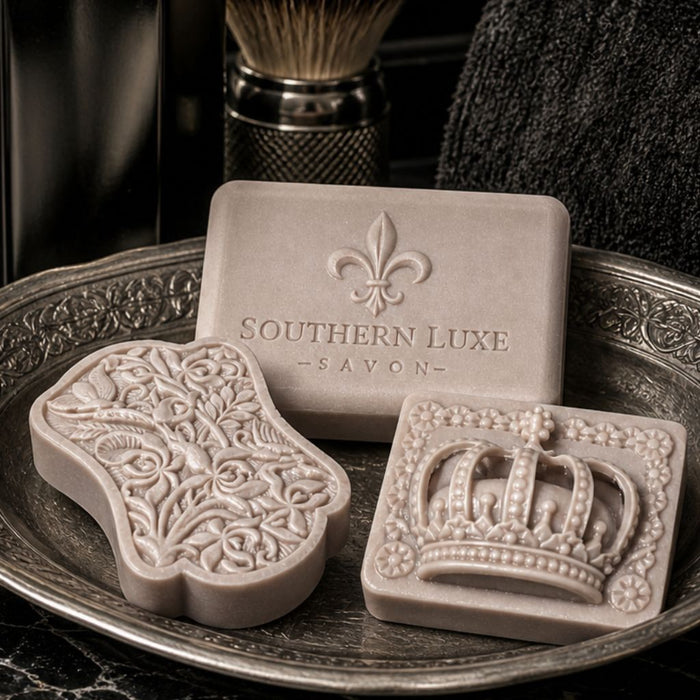 Cask & Crown luxury soap collection with bath bar and handcrafted guest soaps with tussah silk by Southern Luxe Savon
