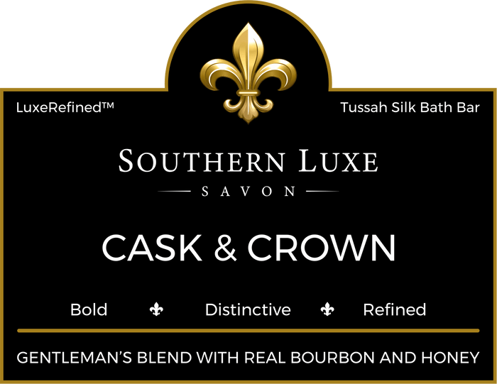 Cask & Crown 8.5 oz luxury men's bath bar label by Southern Luxe Savon with bourbon-inspired fragrance
