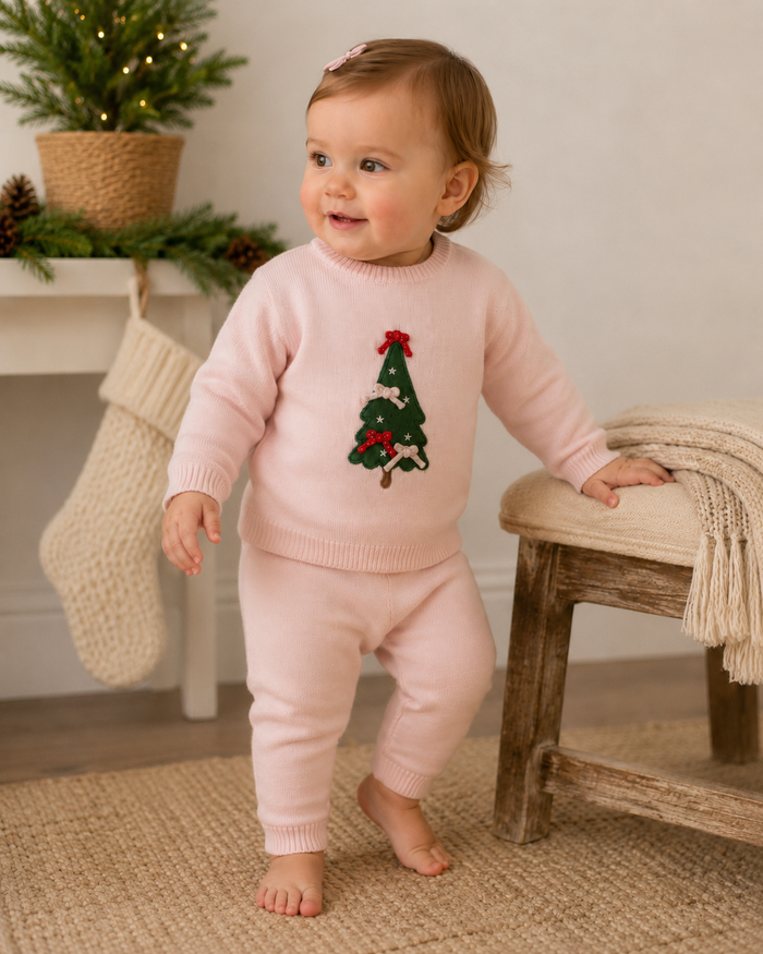 Baby Wearing Christmas Cheer 3D Knit Baby Girl Pullover and Pant Set , Organic Cotton by Viverano