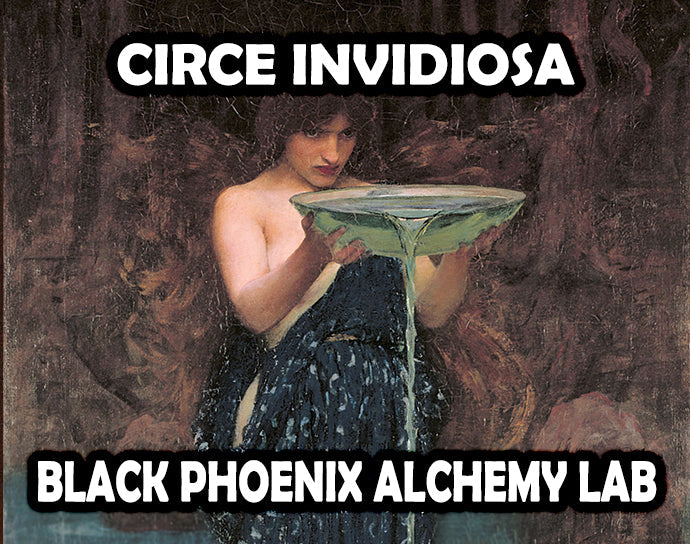 Artistic depiction of a woman holding a bowl with 'Circe Invidiosa' and 'Black Phoenix Alchemy Lab' text.