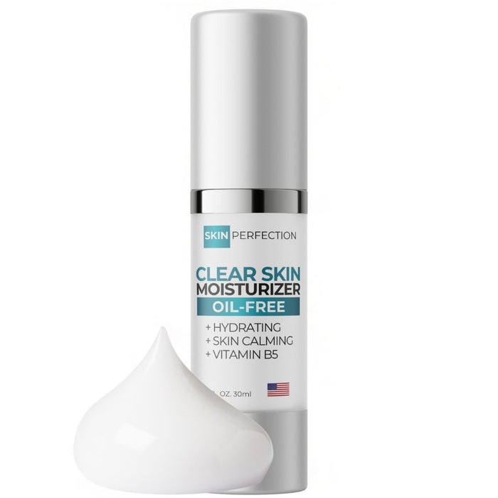 Clear skin moisturizer bottle with label on a white background and a white cream dollop in front