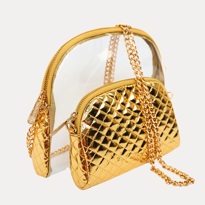 a gold purse with a chain