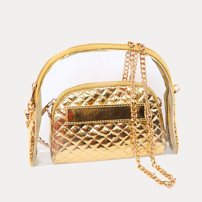 a gold purse with a chain