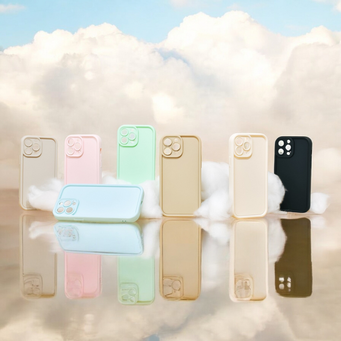 Eight Coconut Lane Cloud Soft NAKD phone cases in pastel and black, upright with a subtle cloud reflection behind.