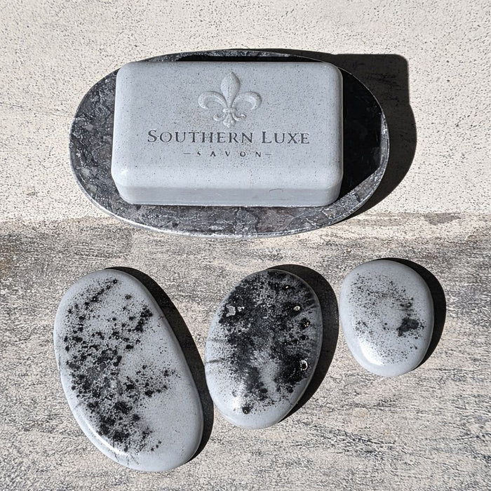 Cold Stone Creek stone-shaped luxury guest soaps and bath bar handcrafted by Southern Luxe Savon with activated charcoal