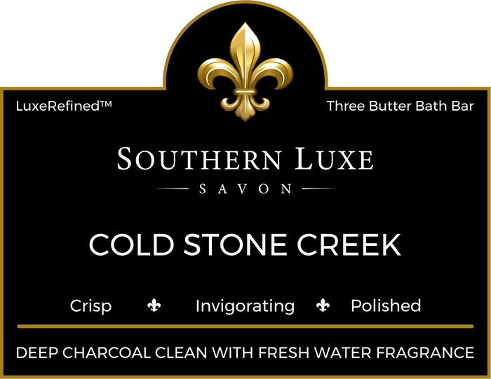 Cold Stone Creek collection label for luxury men's bath bars and handcrafted guest soaps by Southern Luxe Savon