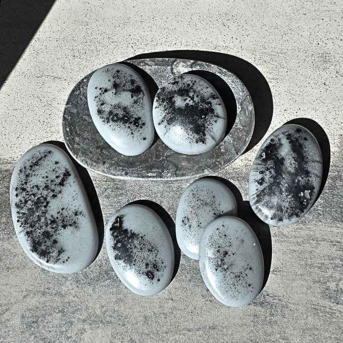 Handcrafted Cold Stone Creek stone guest soaps with activated charcoal and thick lather by Southern Luxe Savon