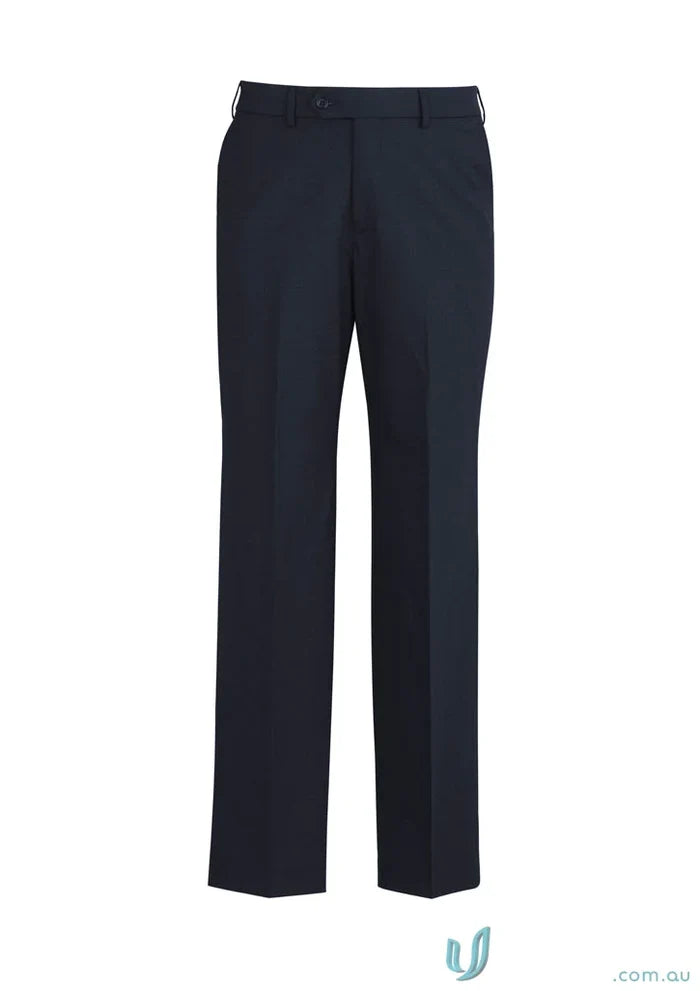 Dark navy comfort wool mens dress pants with flat front and internal security pocket