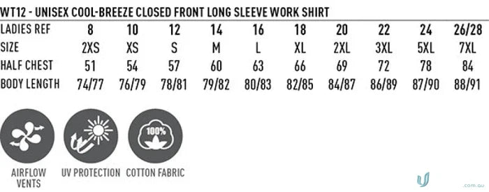 Wt12 unisex cool breeze closed front long sleeve work shirt in blue perfect for workwear and uniforms