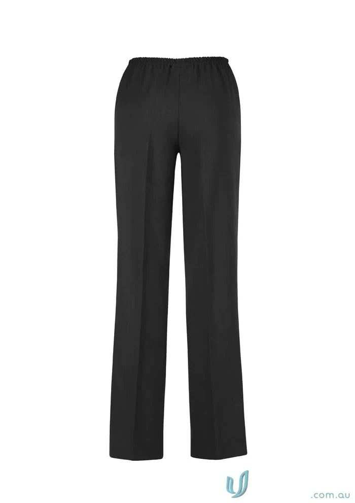 Black womens dress pants with elastic waist, cool stretch easy fit straight leg style