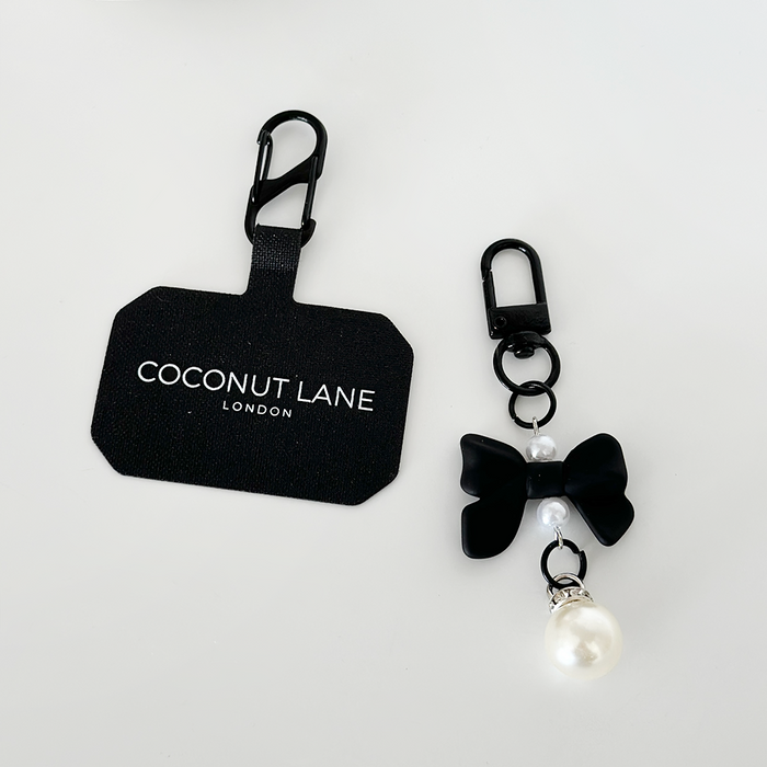 Black Coconut Lane Coquette Bow phone keyring bundle on a white background.