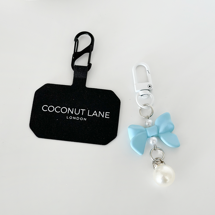 Blue satin bow phone keyring bundle with gold hardware from Coconut Lane.