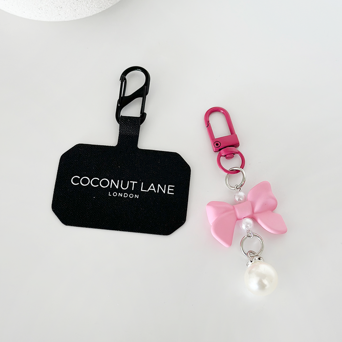 Bright pink Coquette Bow phone keyring bundle with bow detail, by Coconut Lane.