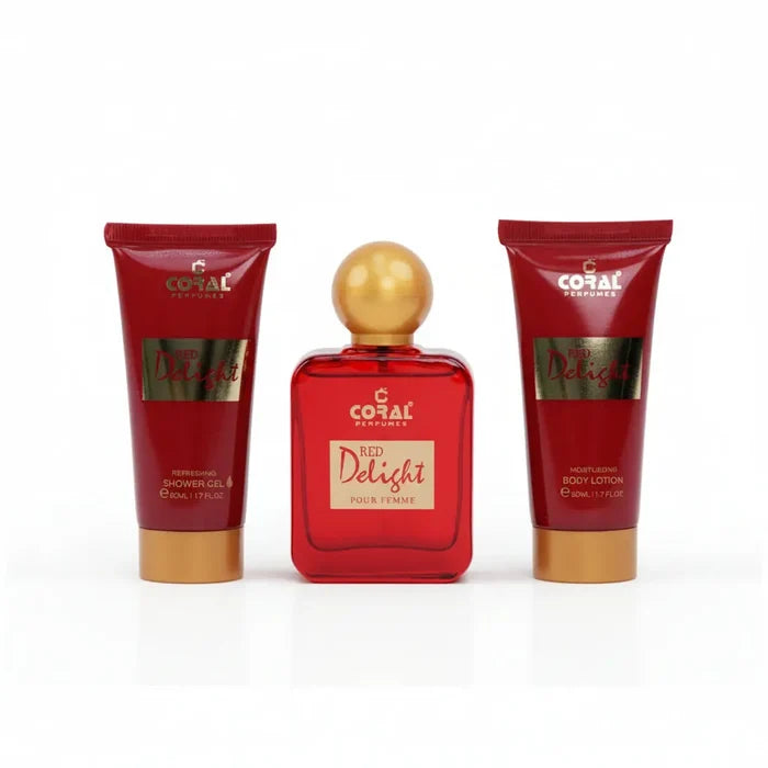 coral red delight pour femme gift set for women 50 ml edp fragrance 50 ml body lotion 50 ml shower gel