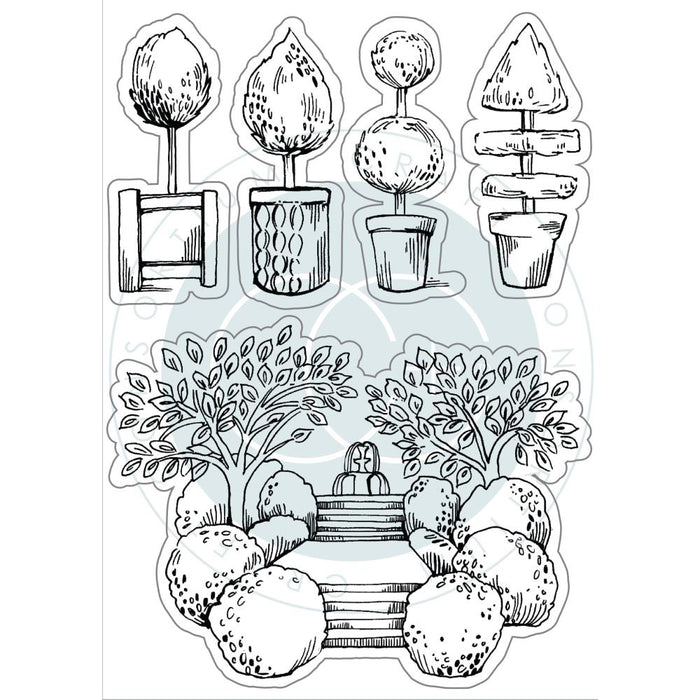 Craft Consortium - A5 Clear Stamps - Secret Garden - Topiary. A set of 5 premium clear stamps in coordinating designs. With protective acetate film printed with references. Imported. Available at Embellish Away located in Bowmanville Ontario Canada.
