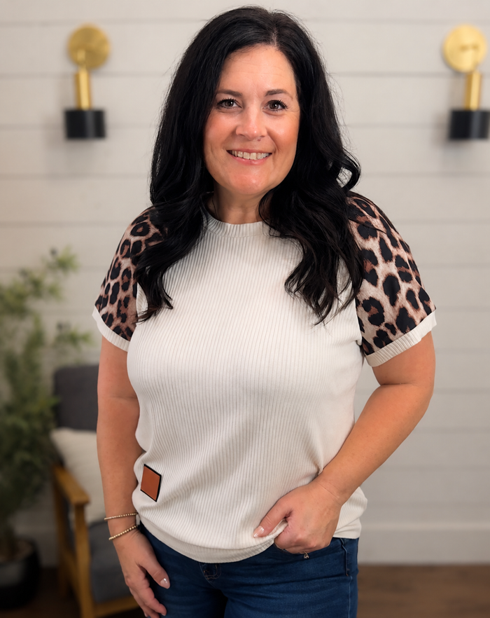 Cream Ribbed Leopard Print Tee