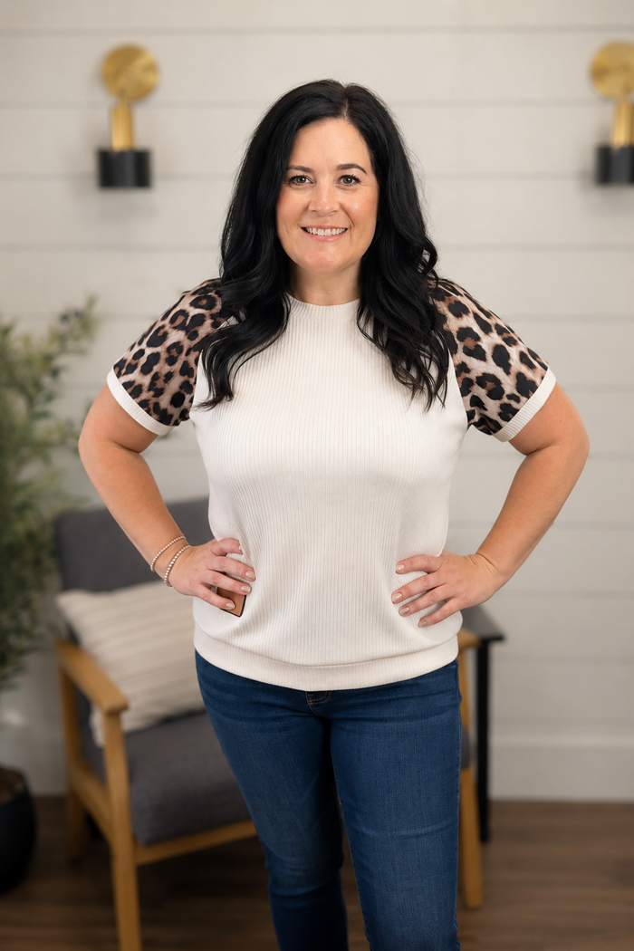 Cream Ribbed Leopard Print Tee