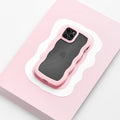 Smartphone in a pink Curvy Phone Case by Coconut Lane on pink and white paper background.