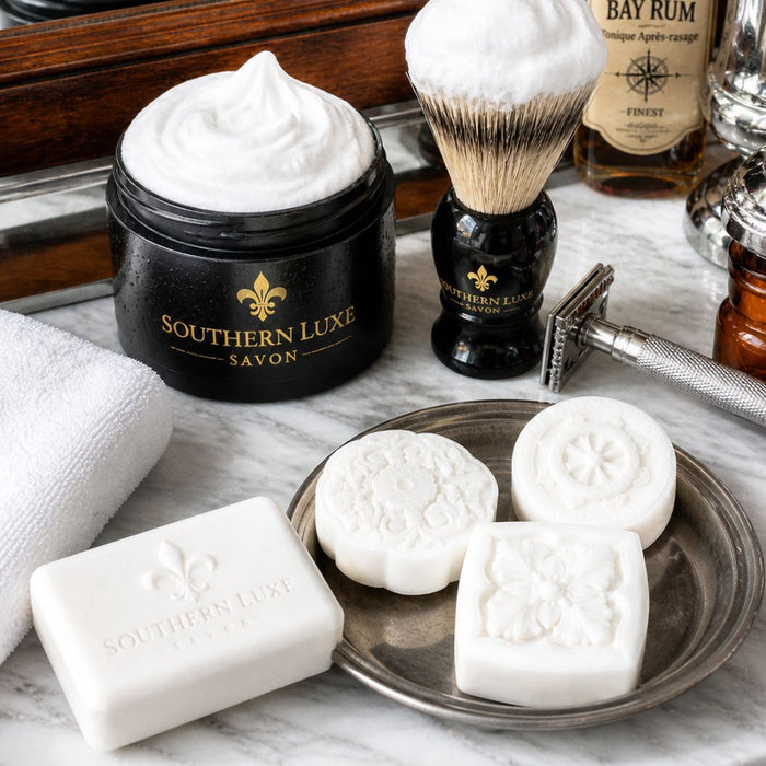 Dapper from the Barber collection with luxury bath bar, guest soaps, and shaving cream by Southern Luxe Savon