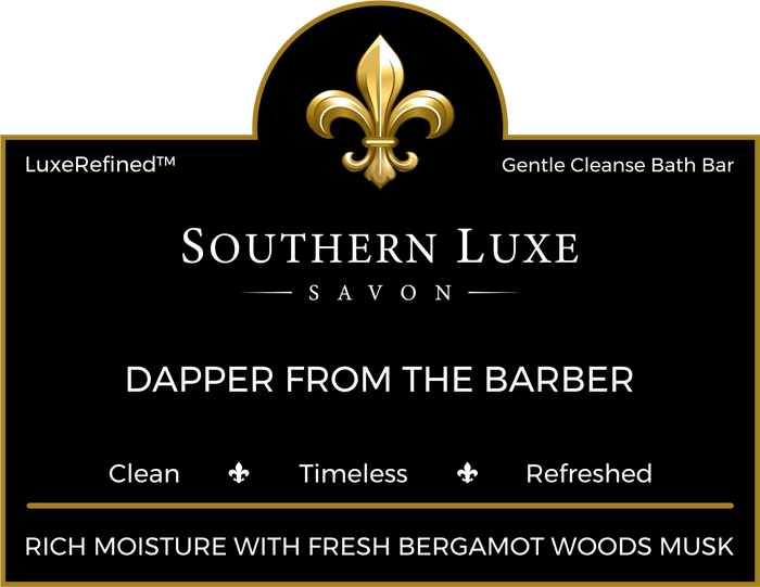 Dapper from the Barber luxury men's bath bar label with fresh lemon, mint, woods, and musk by Southern Luxe Savon