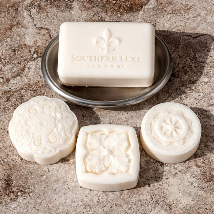 Dapper from the Barber collection with luxury bath bar and guest soaps by Southern Luxe Savon with fresh, classic fragrance