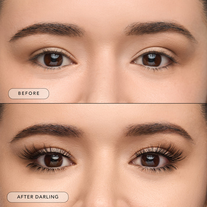 Before and after a model wearing Darling lower bottom lashes.