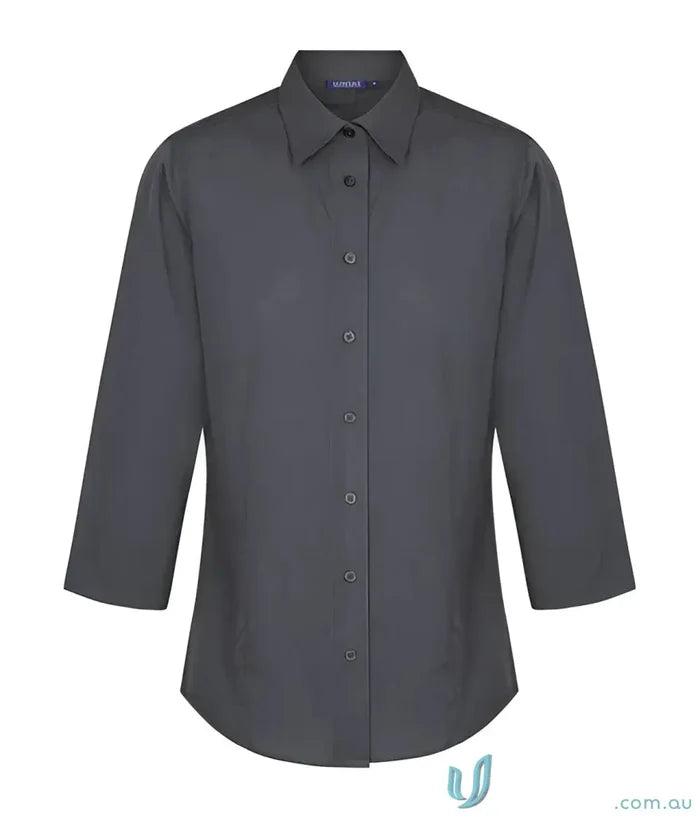 Dark gray long sleeved button down shirt with classic collar and matching buttons ideal for workwear uniforms