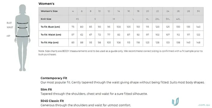Womens size chart for direct radiology emb 3q shirt showing bust waist and hip measurements for work uniforms sizes xs to 4xl
