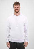 Man wearing a white hoodie against a plain background