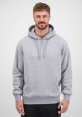 Man wearing a gray hoodie against a white background