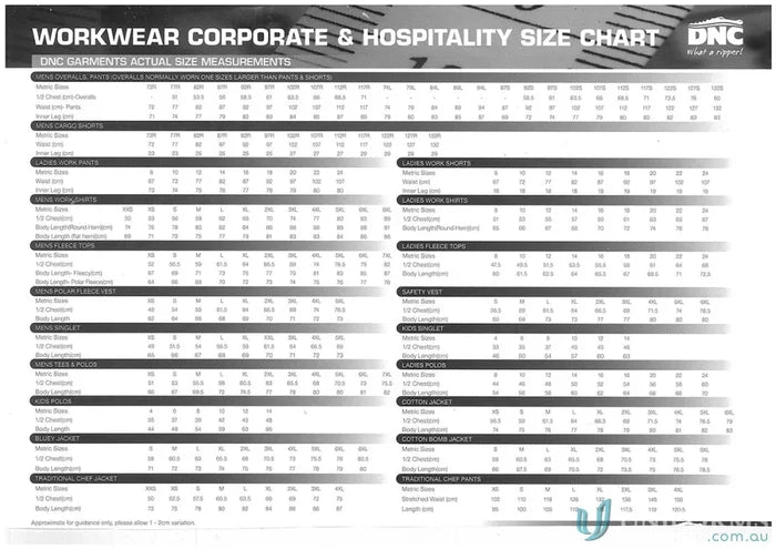 Size chart for DNC Hivis Close Drill LS Shirt workwear and hospitality garments