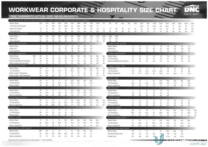 Size chart for DNC HiVis Contrast Bomber Jacket showcasing enhanced visibility workwear