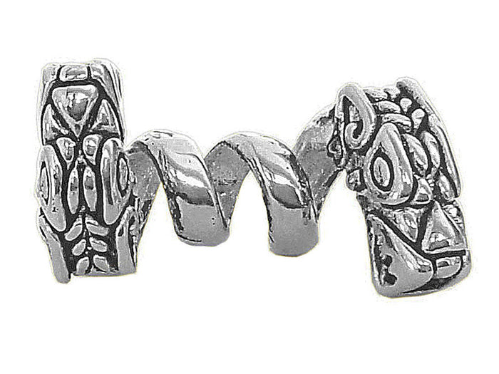 Double headed dragon hair bead in sterling silver with coiled dragon design
