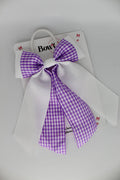 Double Layer Tail Bow - School Bow Lilac Gingham - Elastic
